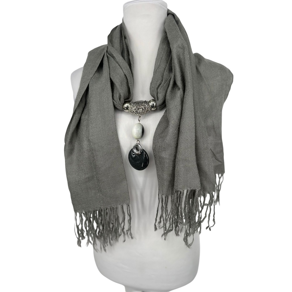 Pashimina Scarf Women OS Gray Beaded Pendant Fringe Shawl Wrap Boho Chic 29x68